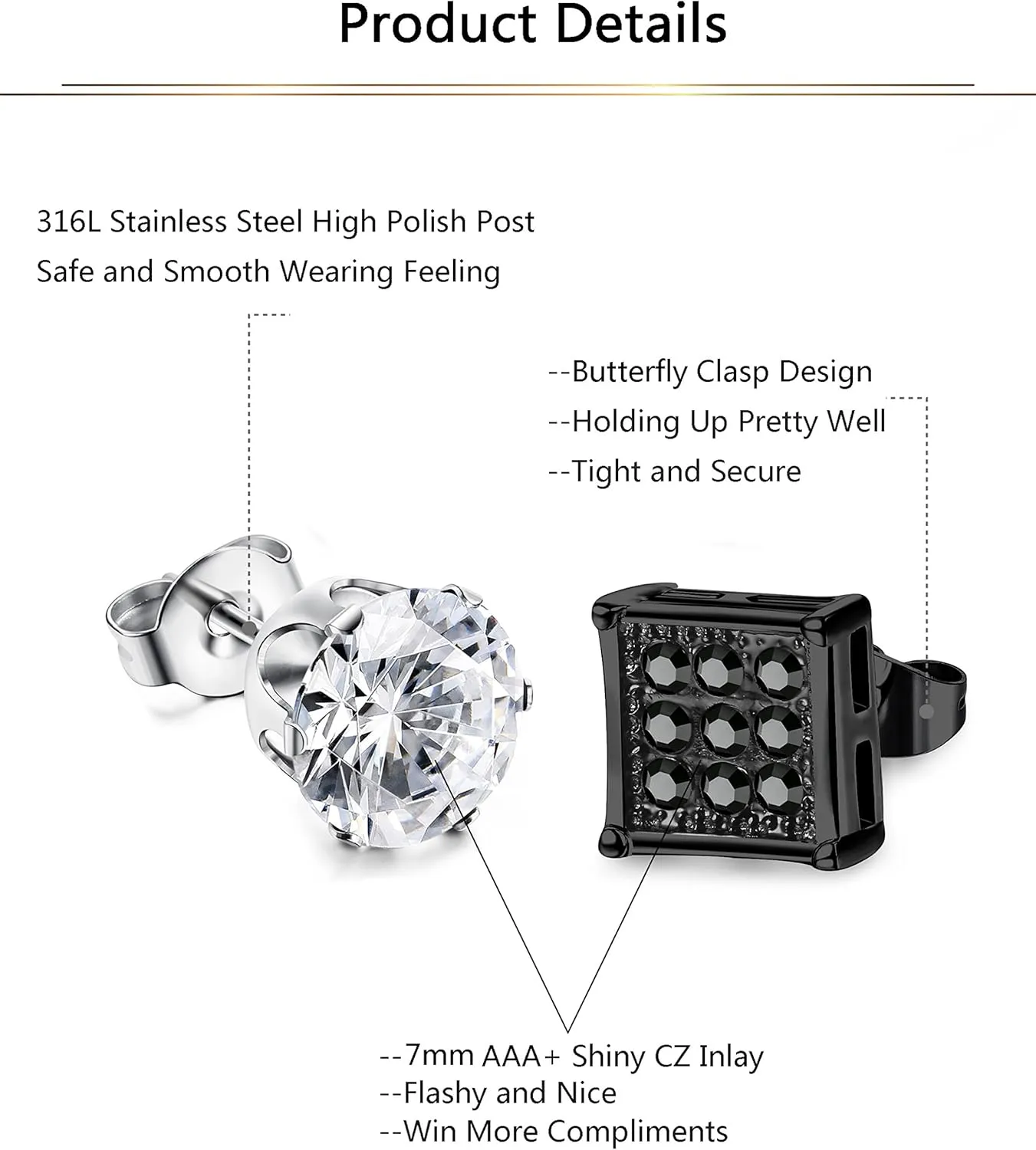 JOERICA 4 Pairs Stainless Steel Stud Earrings for Men Women Silver Black Square Earrings Set Mens Earrings Inlaid Cubic Zirconia 6-10MM