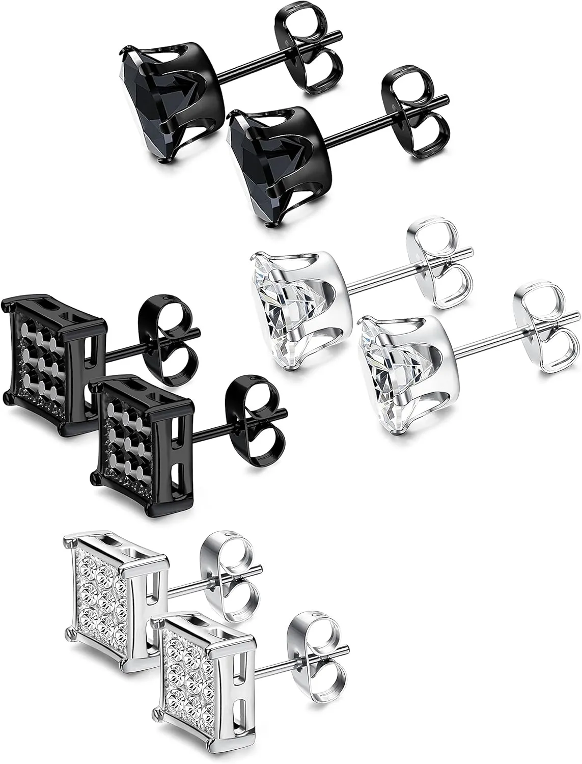 JOERICA 4 Pairs Stainless Steel Stud Earrings for Men Women Silver Black Square Earrings Set Mens Earrings Inlaid Cubic Zirconia 6-10MM