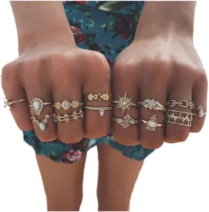 Jumwrit Boho Knuckle Rings for Women 14pcs Stackable Rings Set Vintage Joint Finger Rings for Girls Gold Teardrop Rhinestone Sun Hollow Band Ring(Style 2)