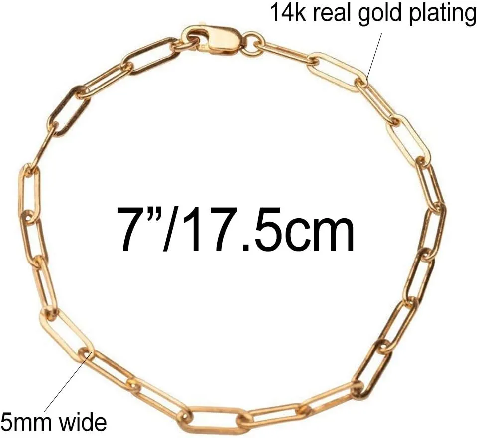 kelistom 14K Gold Filled Stainless Steel Paperclip Chain Bracelet for Women, 7.5 Rectangle Link Bracelets, Waterproof and Never Tarnish