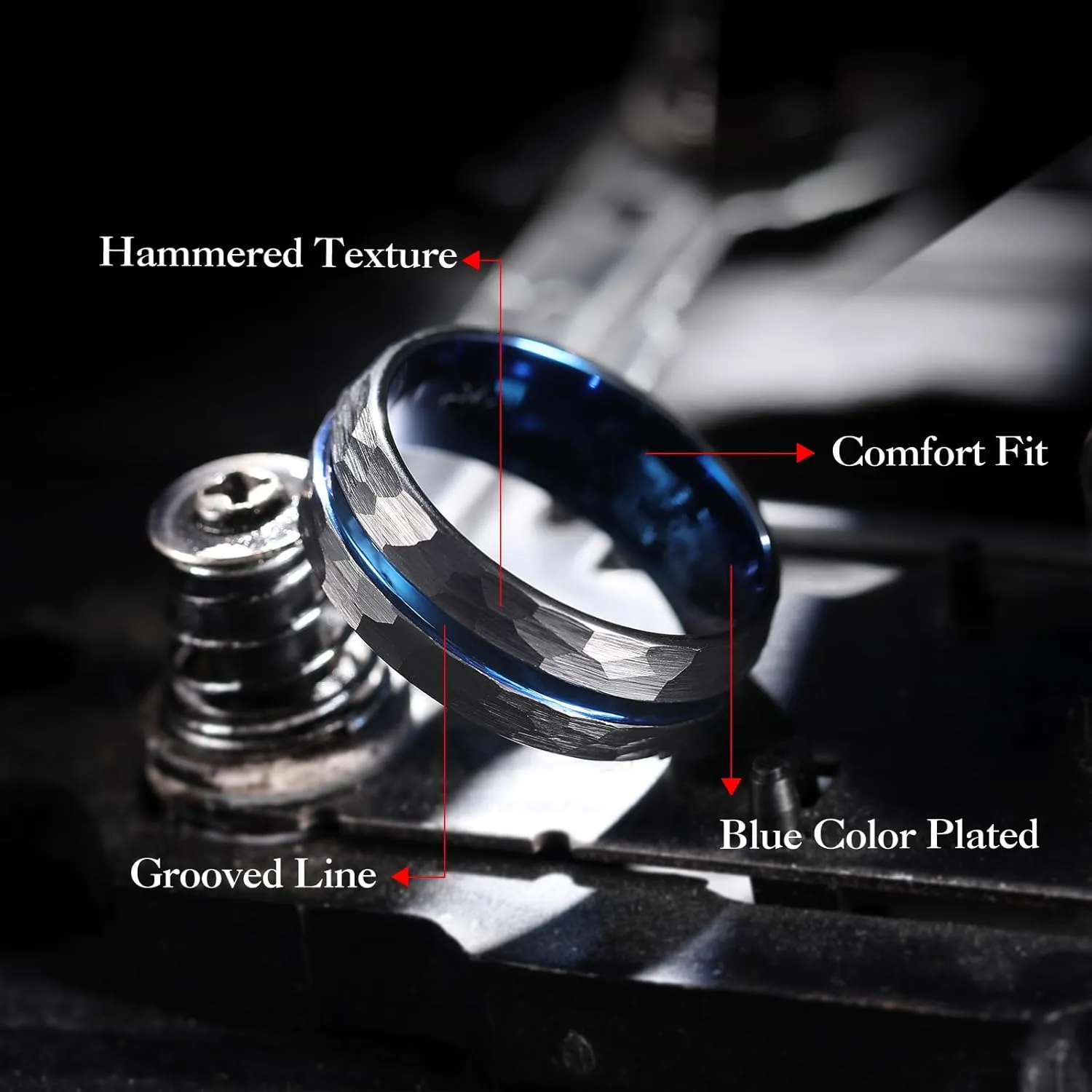 King Will Hammer 6mm/8mm Blue Hammered Tungsten Carbide Ring Black Two Tone Wedding Band Groove Step Edge Comfort Fit Size 6-14