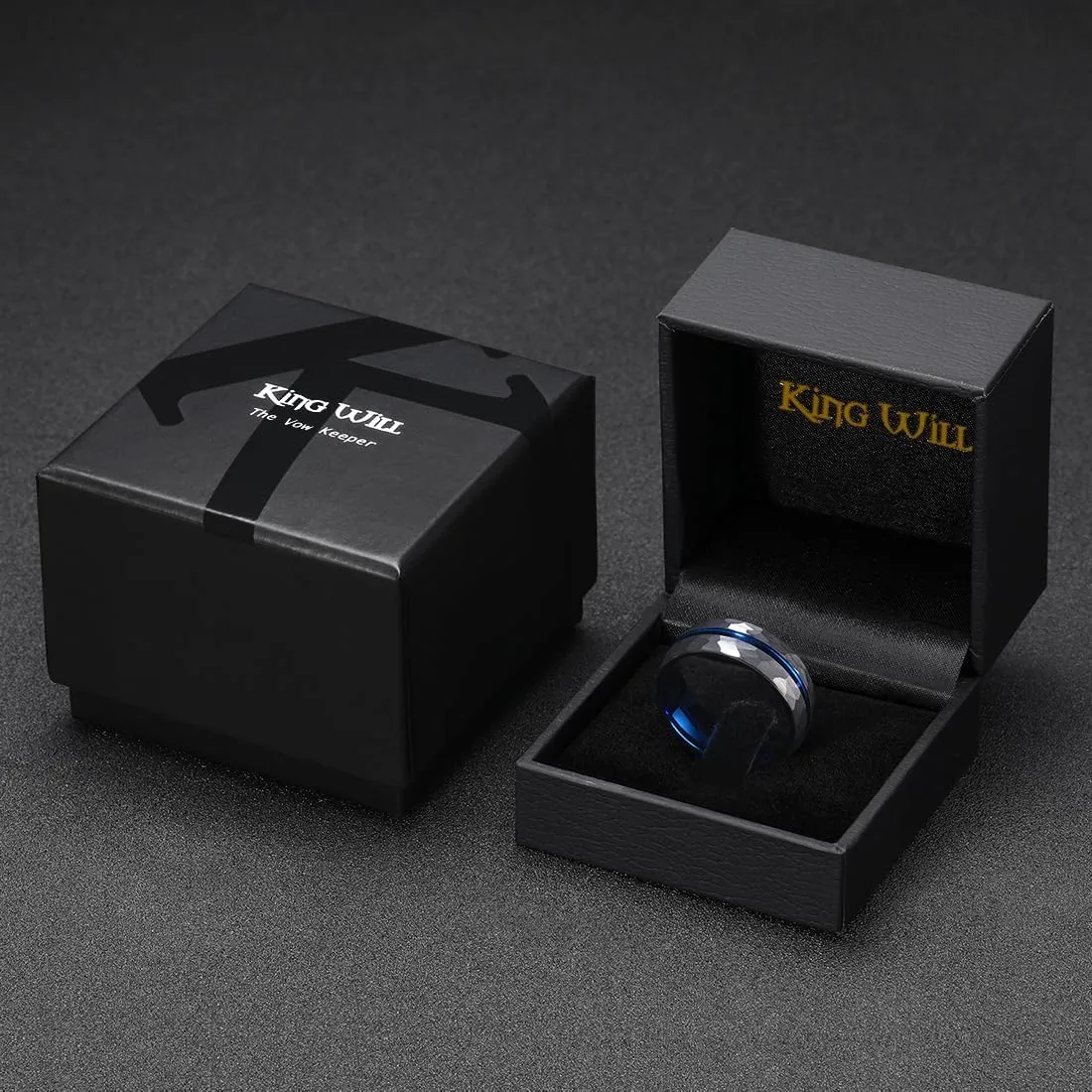 King Will Hammer 6mm/8mm Blue Hammered Tungsten Carbide Ring Black Two Tone Wedding Band Groove Step Edge Comfort Fit Size 6-14