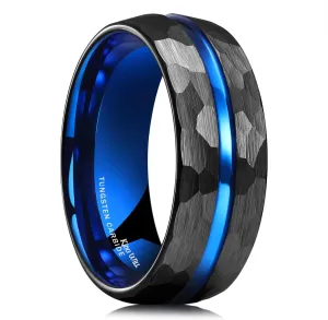 King Will Hammer 6mm/8mm Blue Hammered Tungsten Carbide Ring Black Two Tone Wedding Band Groove Step Edge Comfort Fit Size 6-14
