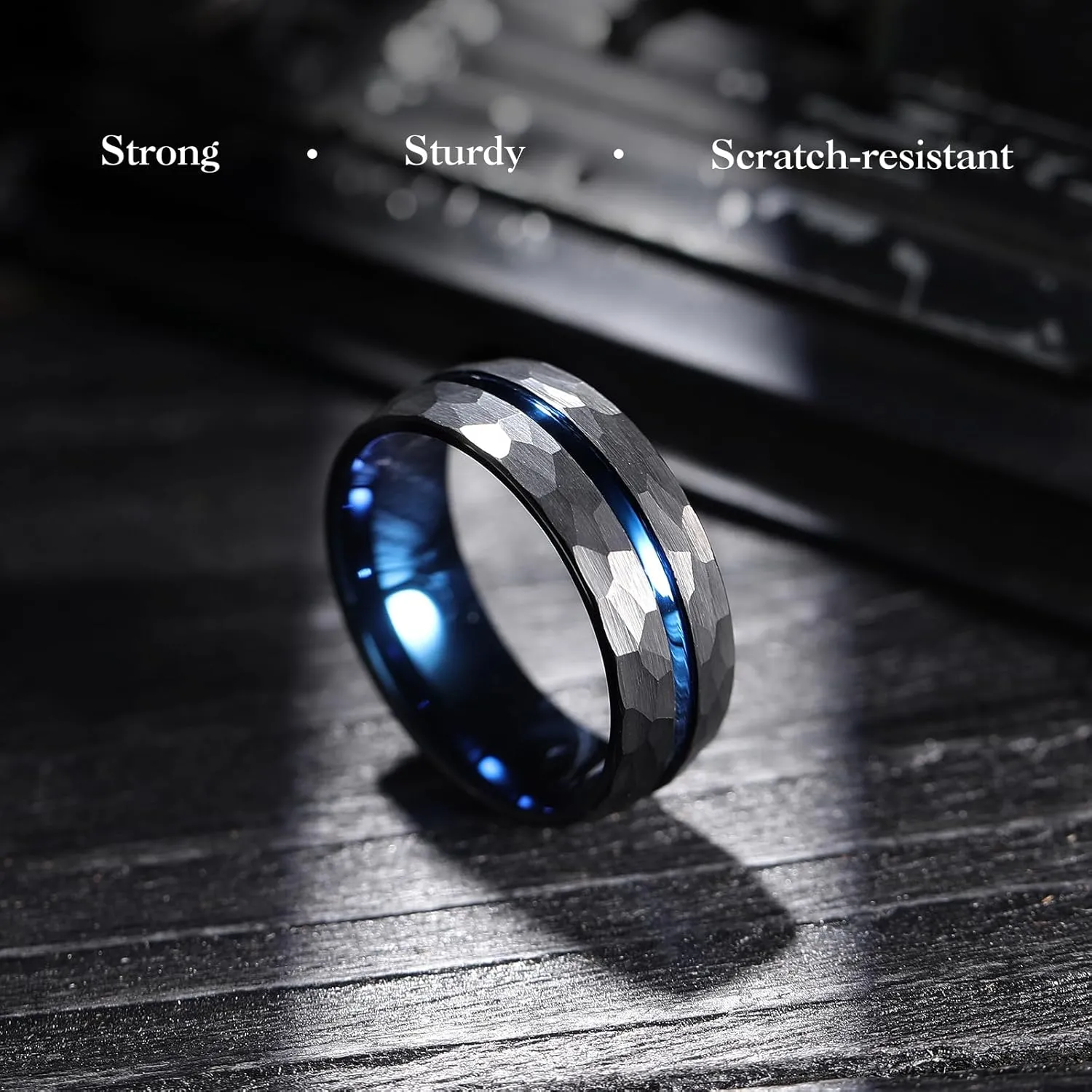 King Will Hammer 6mm/8mm Blue Hammered Tungsten Carbide Ring Black Two Tone Wedding Band Groove Step Edge Comfort Fit Size 6-14