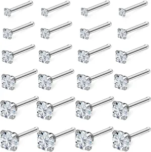 Kridzisw 18G 20G 22G Nose Rings Studs Stainless Steel Cubic Zirconia Nose Nostril Piercing Jewelry for Women Men CZ Size 1.5mm 2mm 2.5mm 3mm 3.5mm 4mm 24Pcs