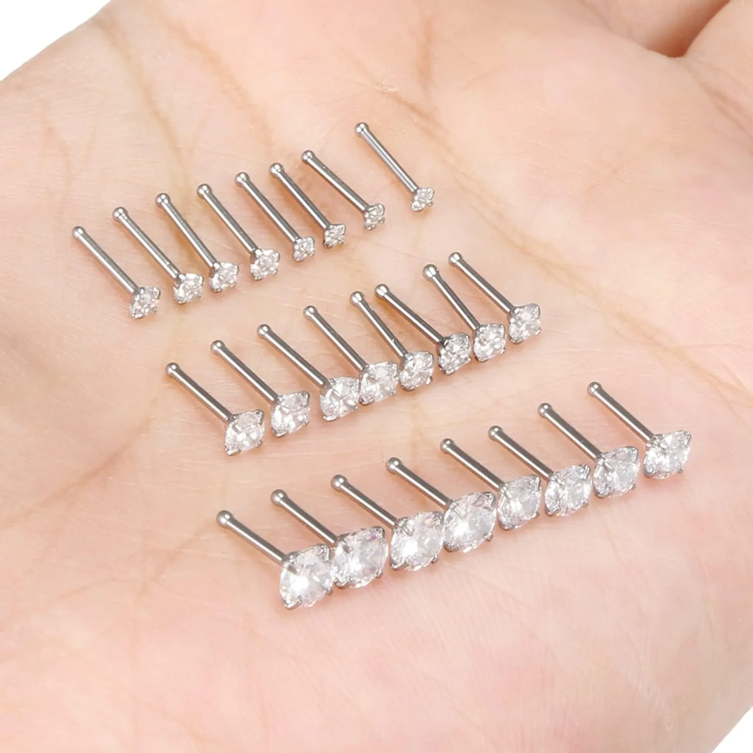 Kridzisw 18G 20G 22G Nose Rings Studs Stainless Steel Cubic Zirconia Nose Nostril Piercing Jewelry for Women Men CZ Size 1.5mm 2mm 2.5mm 3mm 3.5mm 4mm 24Pcs
