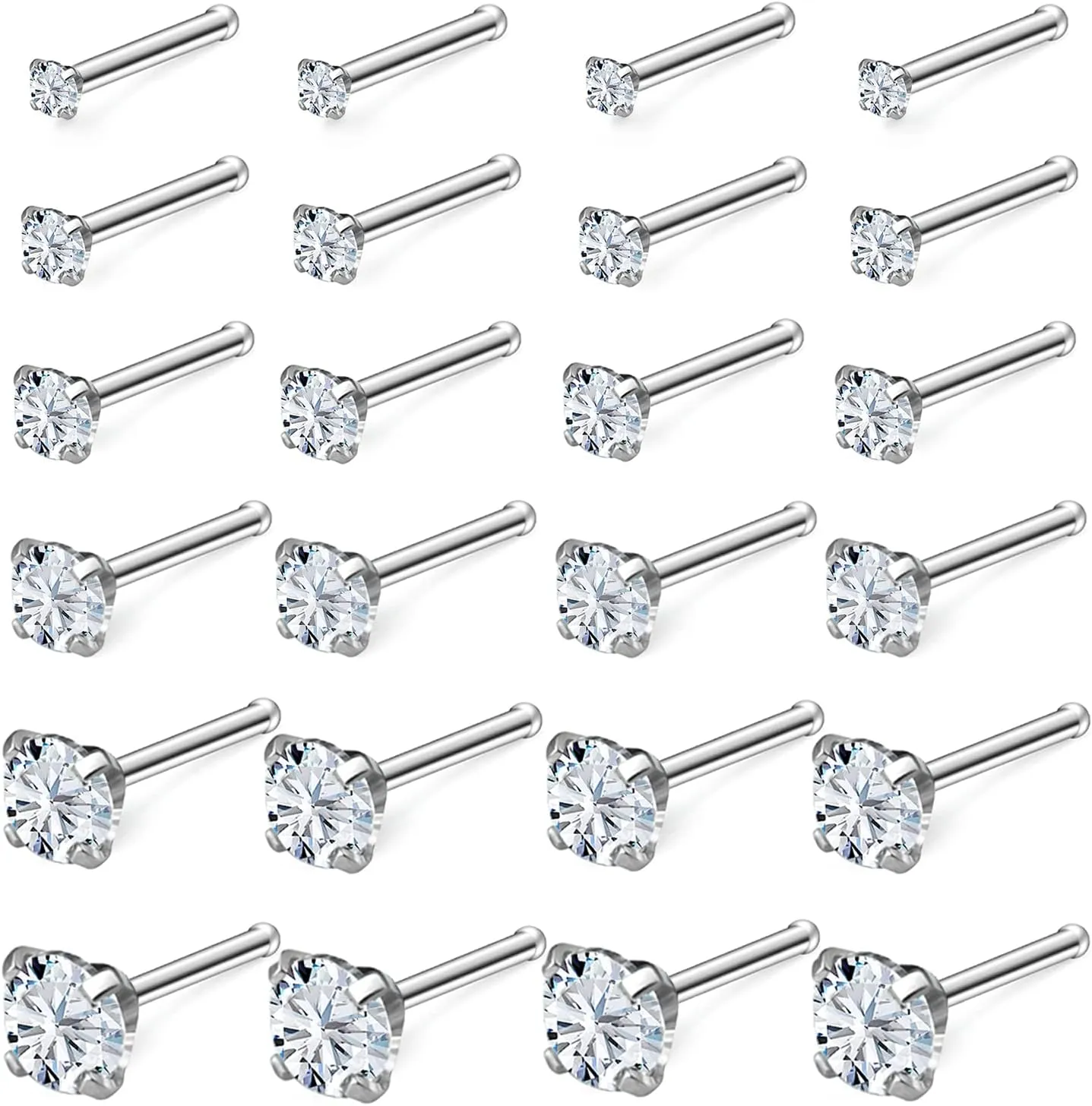 Kridzisw 18G 20G 22G Nose Rings Studs Stainless Steel Cubic Zirconia Nose Nostril Piercing Jewelry for Women Men CZ Size 1.5mm 2mm 2.5mm 3mm 3.5mm 4mm 24Pcs