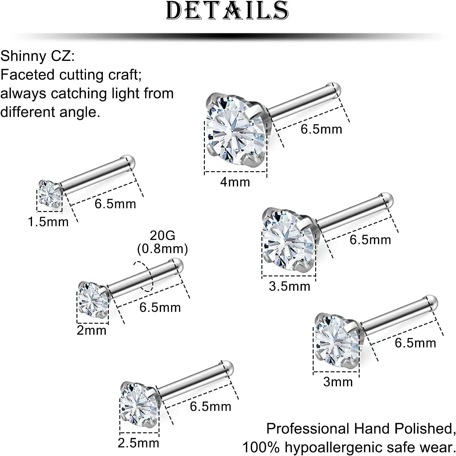 Kridzisw 18G 20G 22G Nose Rings Studs Stainless Steel Cubic Zirconia Nose Nostril Piercing Jewelry for Women Men CZ Size 1.5mm 2mm 2.5mm 3mm 3.5mm 4mm 24Pcs