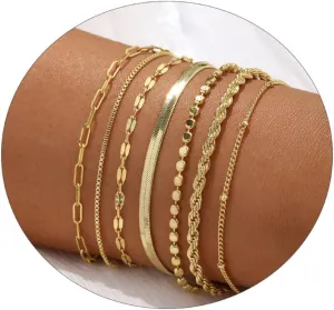 Kyerlyn Gold Bracelets for Women 14K Dainty Gold Bracelet Stack Trendy Waterproof Gold Plated Bracelet Adjustable Layered Metal Link Bracelet Set Minimalist Fashion Jewelry