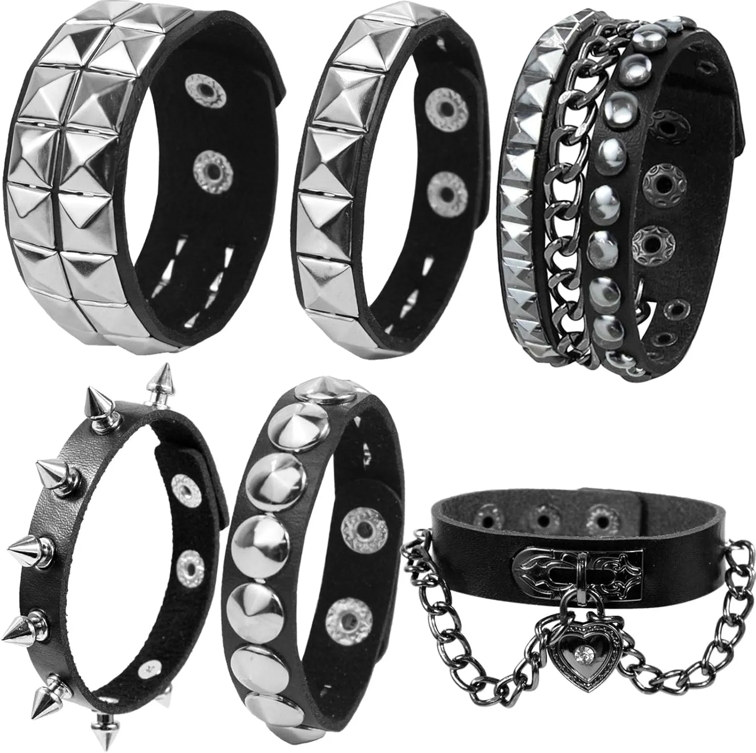 LAPOHI 6 PCS Leather Bracelets for Men Women Punk Goth Rock Spiked 80s Stuff Cool Metal Studded Accessories Black Cuff Wristband for Party Cosplay Night Club Sexy Gift Halloween