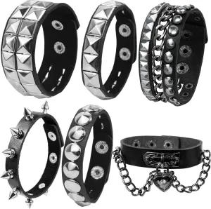 LAPOHI 6 PCS Leather Bracelets for Men Women Punk Goth Rock Spiked 80s Stuff Cool Metal Studded Accessories Black Cuff Wristband for Party Cosplay Night Club Sexy Gift Halloween