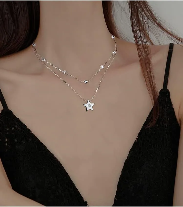 Layered Choker Necklace 925 Sterling Silver Star Moon Clavicle Jewelry Adjustable Lariat Necklaces for Women Girls Birthday Valentine's Day Gifts
