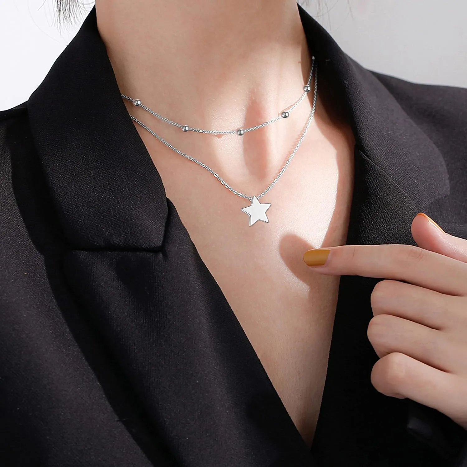 Layered Choker Necklace 925 Sterling Silver Star Moon Clavicle Jewelry Adjustable Lariat Necklaces for Women Girls Birthday Valentine's Day Gifts