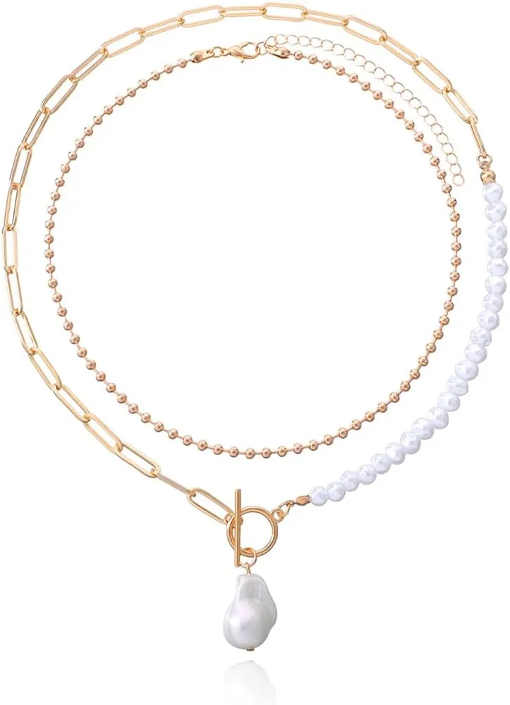 Layered Pearl Ot Clasp Necklace Trendy Gold Chain Clasp Toggle Necklaces Dainty Stacking Beaded Paperclip Necklace Layered Rheinstone Lock Pendant Necklace Statement Gold Jewelry for Women