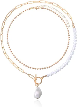 Layered Pearl Ot Clasp Necklace Trendy Gold Chain Clasp Toggle Necklaces Dainty Stacking Beaded Paperclip Necklace Layered Rheinstone Lock Pendant Necklace Statement Gold Jewelry for Women