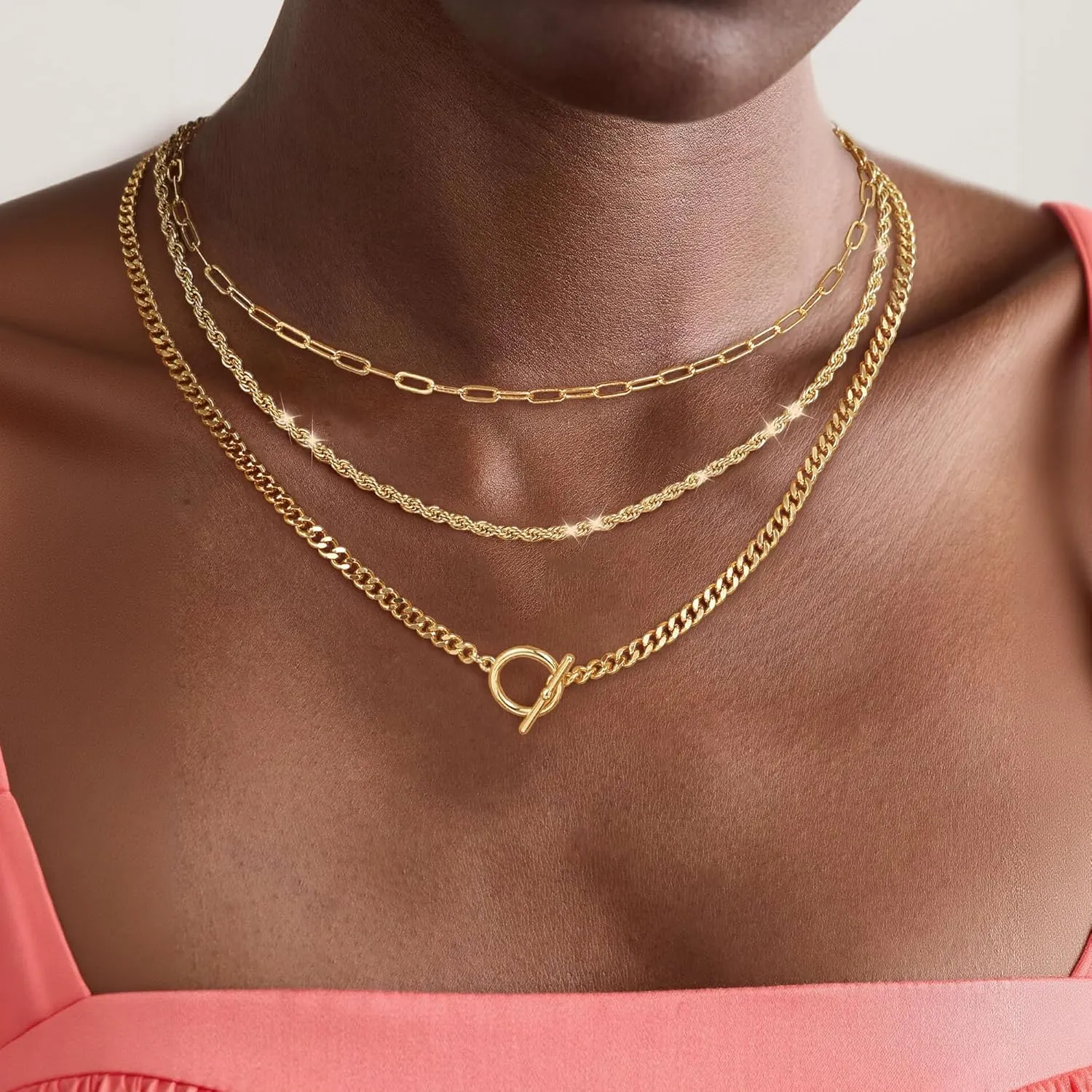 Layered Toggle Clasp Necklaces for Women - 14K Gold Plated Dainty Fashion Paperclip Necklace Heart Pendant Rope Chain Trendy Cuban Link Chunky Chain Choker Jewelry Gift