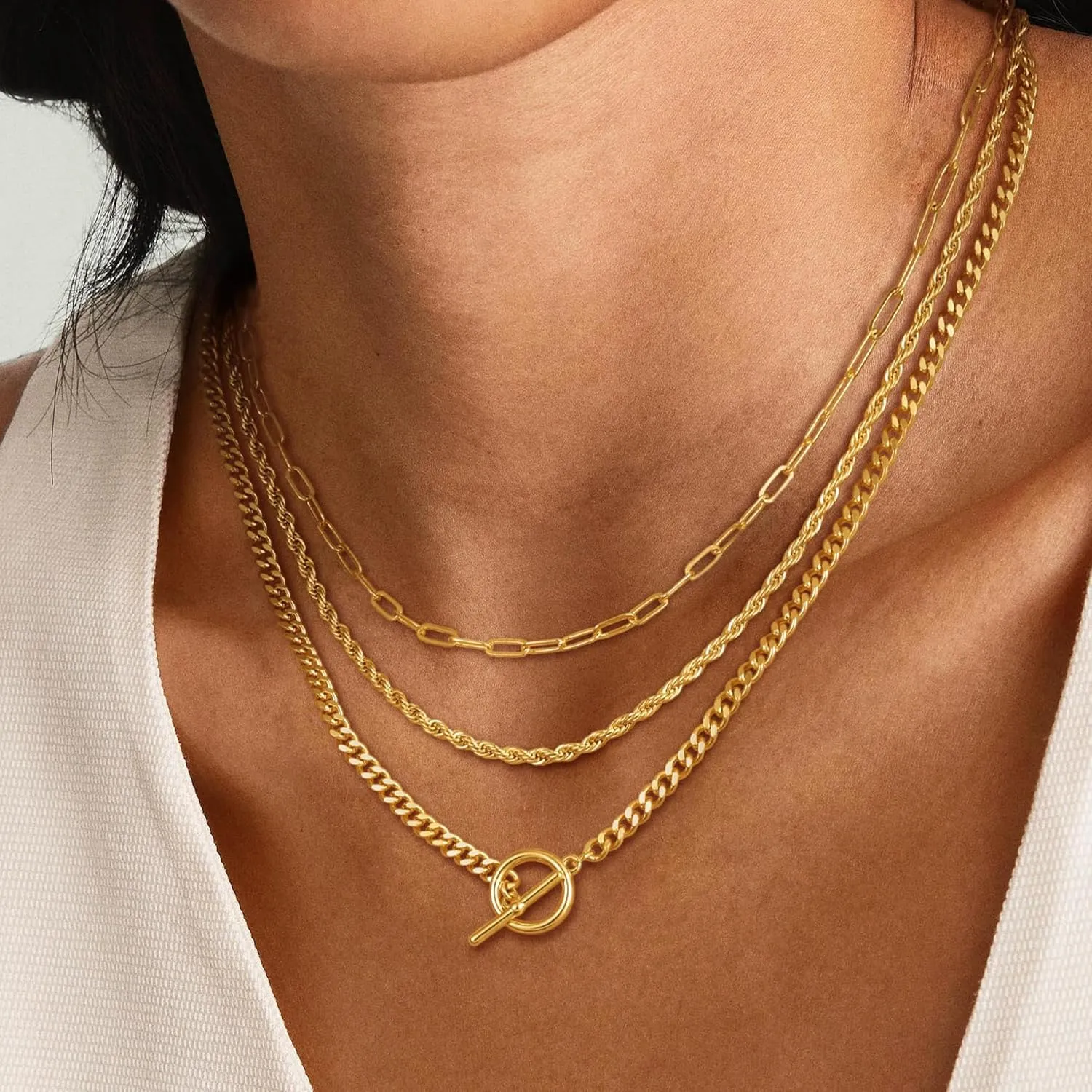 Layered Toggle Clasp Necklaces for Women - 14K Gold Plated Dainty Fashion Paperclip Necklace Heart Pendant Rope Chain Trendy Cuban Link Chunky Chain Choker Jewelry Gift
