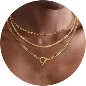 Layered Toggle Clasp Necklaces for Women - 14K Gold Plated Dainty Fashion Paperclip Necklace Heart Pendant Rope Chain Trendy Cuban Link Chunky Chain Choker Jewelry Gift