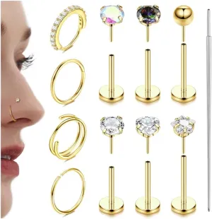 LOLIAS 14K Gold Filled & 316L Surgical Steel Nose Rings & Studs - 20G & 18G Threadless Hoops & Push in Flat Back - CZ Hypoallergenic Piercing Jewelry for Women & Men - 11Pcs