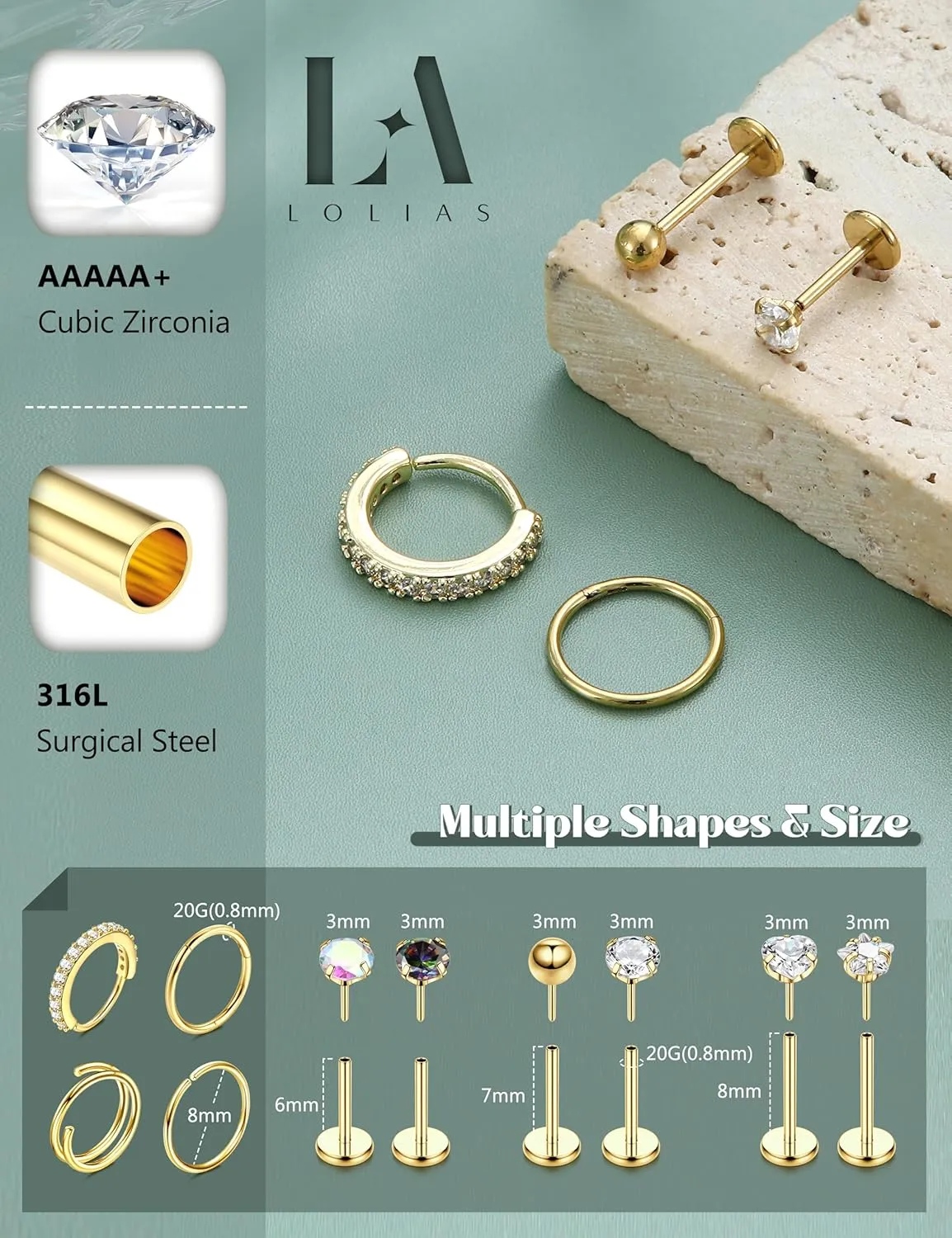 LOLIAS 14K Gold Filled & 316L Surgical Steel Nose Rings & Studs - 20G & 18G Threadless Hoops & Push in Flat Back - CZ Hypoallergenic Piercing Jewelry for Women & Men - 11Pcs