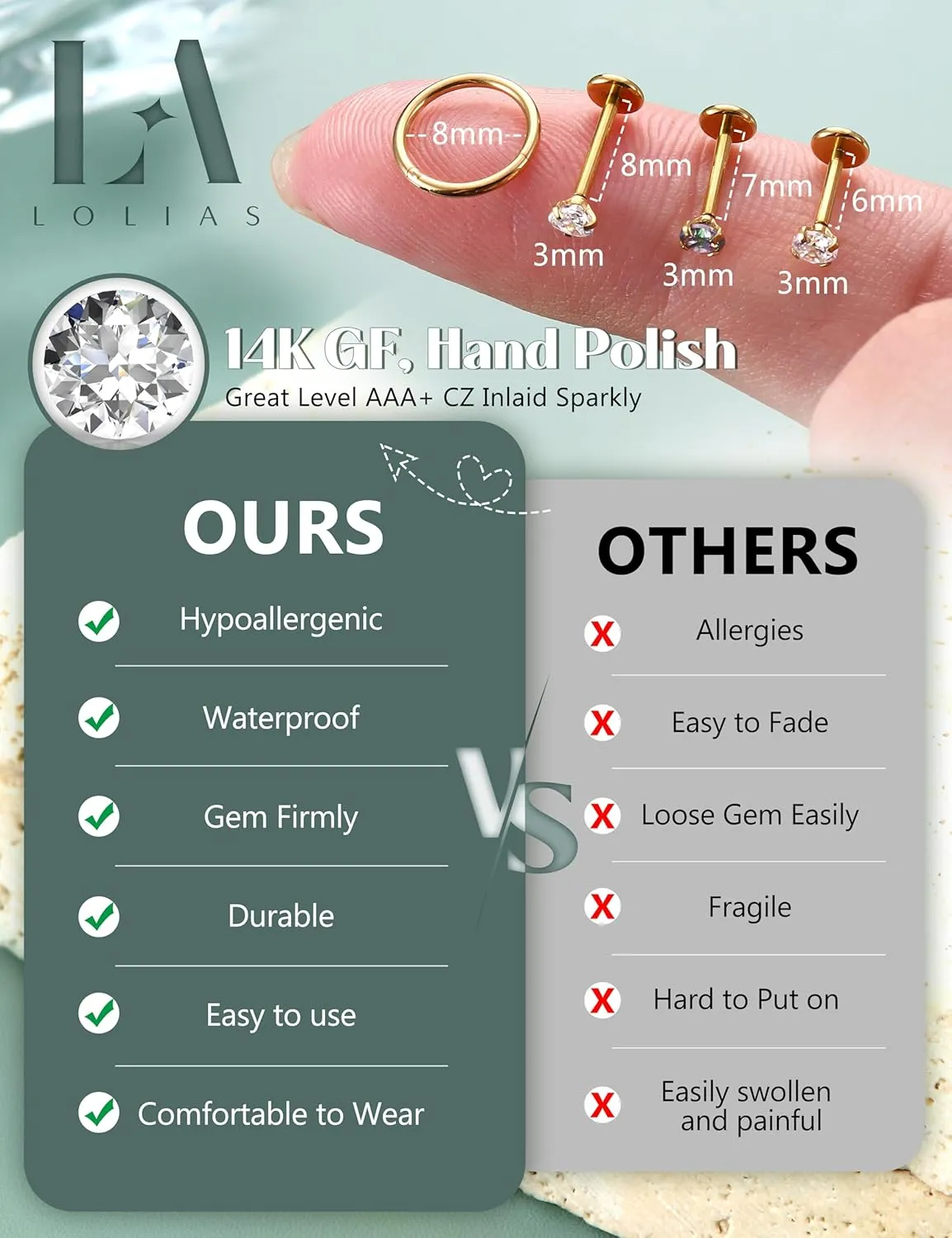 LOLIAS 14K Gold Filled & 316L Surgical Steel Nose Rings & Studs - 20G & 18G Threadless Hoops & Push in Flat Back - CZ Hypoallergenic Piercing Jewelry for Women & Men - 11Pcs