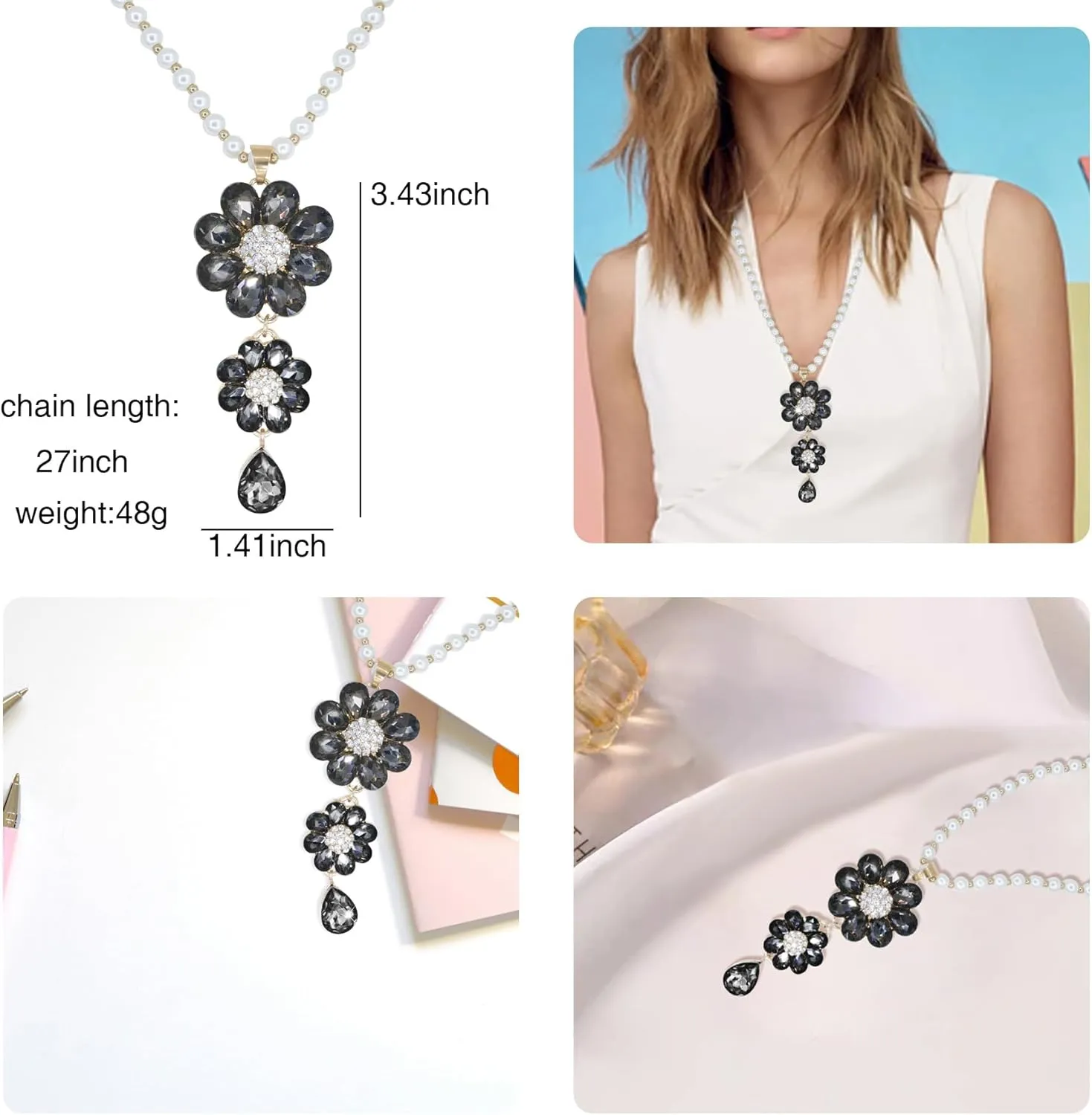 Long Crystal Flower Pendant Necklace for Women Large Rhinestone Floral Pendant Pearl Beaded Necklaces Gold Plated Sweater Statement Necklace Fashion Jewelry for Women
