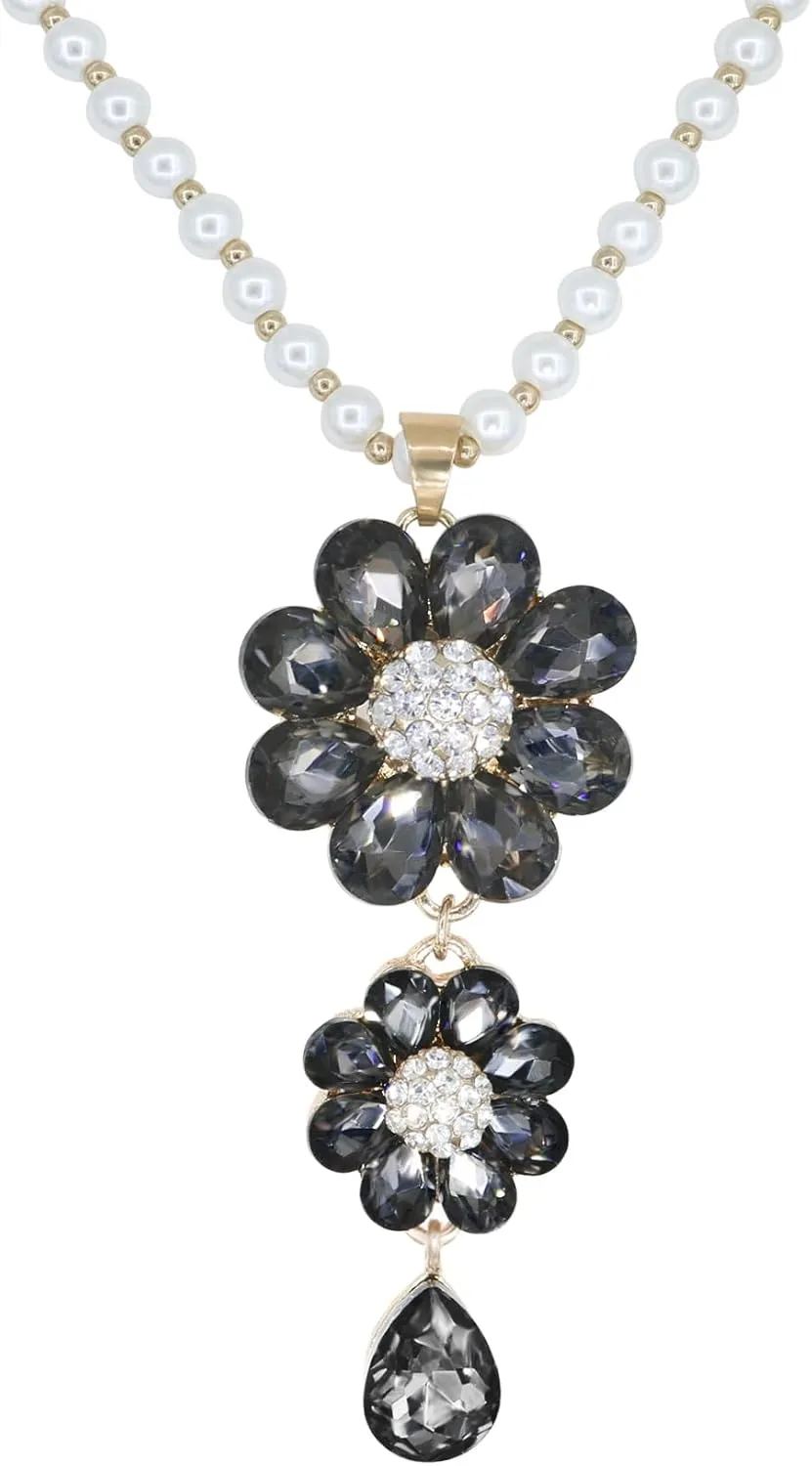 Long Crystal Flower Pendant Necklace for Women Large Rhinestone Floral Pendant Pearl Beaded Necklaces Gold Plated Sweater Statement Necklace Fashion Jewelry for Women