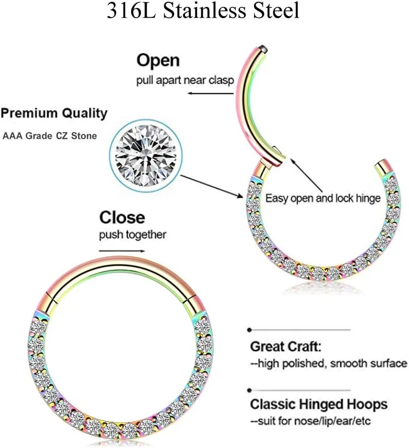 Longbeauty 16G CZ Opal Hinged Segment Nose Rings Hoop 316L Surgical Steel Helix Cartilage Tragus Earrings Septum Clicker Ring 8mm 10mm