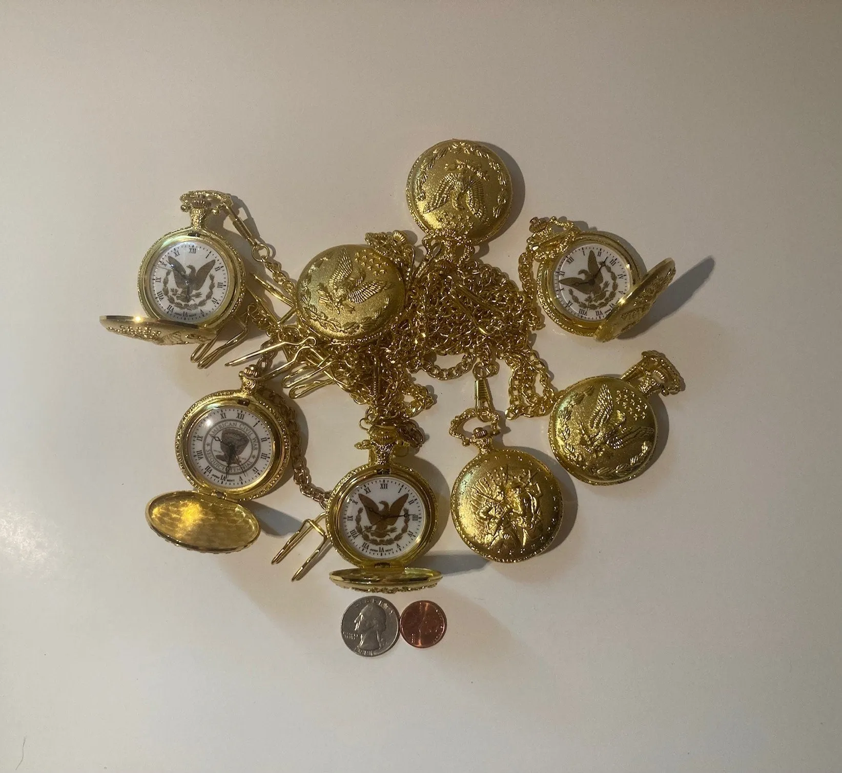 Lot of 8 Brass Pocket Watches, Eagle, Patriot, I Have Not Played With These At All, I Got Them In A Vintage Pocket Watches