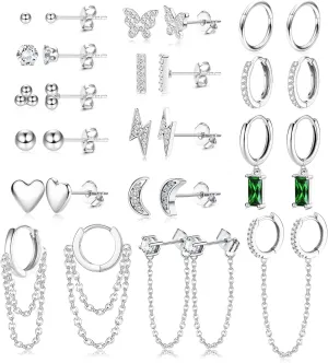 LOYALLOOK 29Pcs 14K Gold Plated Studs Earrings and Hoops Set for Women Huggie Hoop Studs Earrings Set Dainty Minimalist Moon Heart Butterfly CZ Ball Small Dangle Chain Hoop Earrings Set for Multiple Piercing