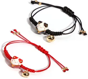 Lucky 3Pcs Cat Maneki Neko Bracelet Set Adjustable Bell Ceramic Bead Braided Rope String Bracelet for Women Wealth Fortune Good Luck Jewelry Birthday Gift