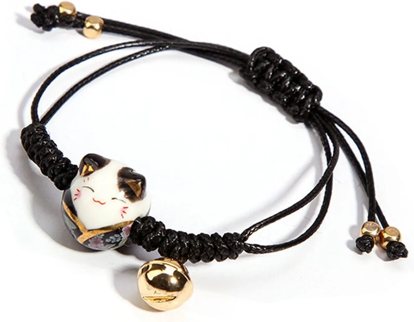 Lucky 3Pcs Cat Maneki Neko Bracelet Set Adjustable Bell Ceramic Bead Braided Rope String Bracelet for Women Wealth Fortune Good Luck Jewelry Birthday Gift