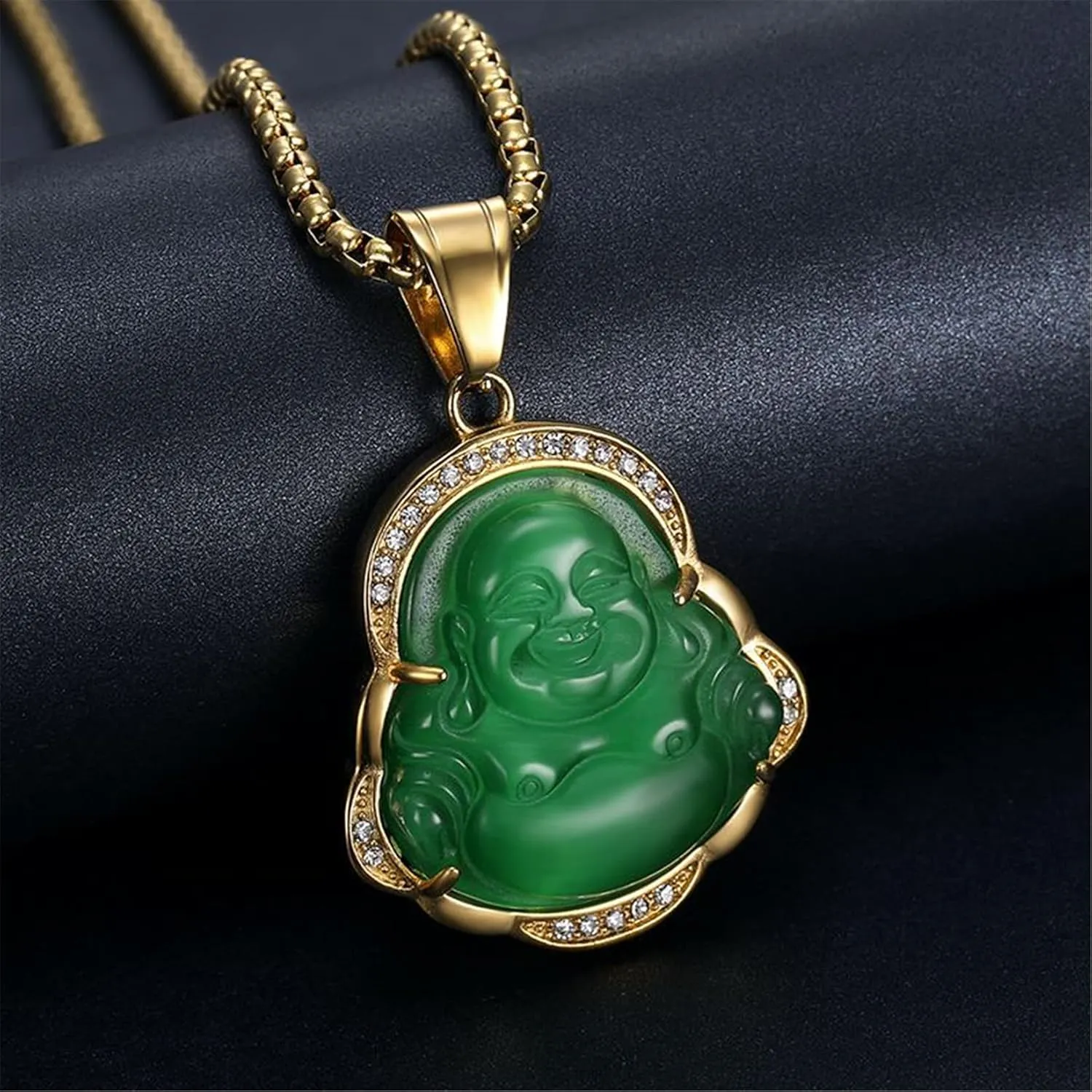 Lucky Laughing Buddha Necklaces, Green Jade Buddha Necklace Buddha Cubic Zirconia Pendant Necklace With 18K Gold Plated Chain Feng Shui Jewelry for Women Men