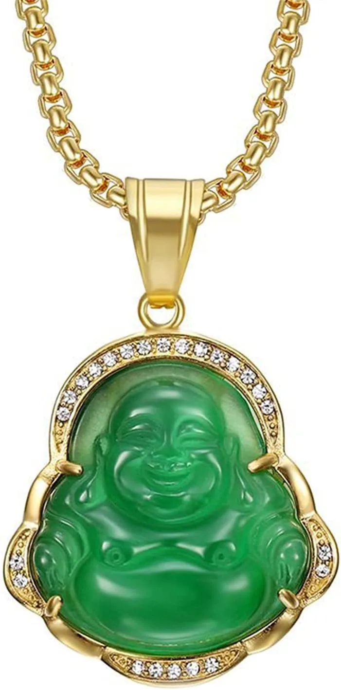 Lucky Laughing Buddha Necklaces, Green Jade Buddha Necklace Buddha Cubic Zirconia Pendant Necklace With 18K Gold Plated Chain Feng Shui Jewelry for Women Men
