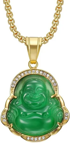 Lucky Laughing Buddha Necklaces, Green Jade Buddha Necklace Buddha Cubic Zirconia Pendant Necklace With 18K Gold Plated Chain Feng Shui Jewelry for Women Men