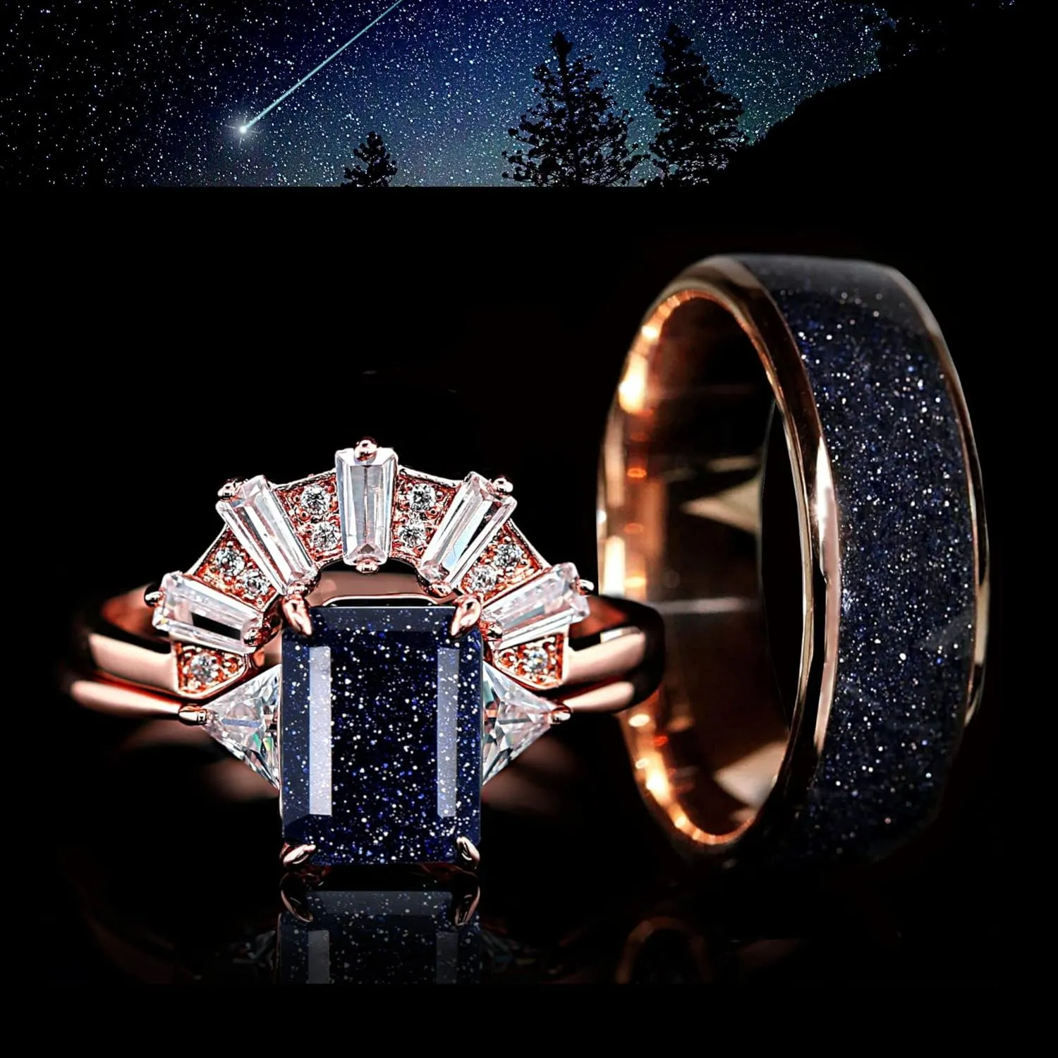 Matching Rings for Couples - 3-Pc Rose Gold Plated Sterling Silver Engagement Ring Set for Women and Men 7mm Tungsten Band - Sandstone Wedding Ring Set for Him and Her
