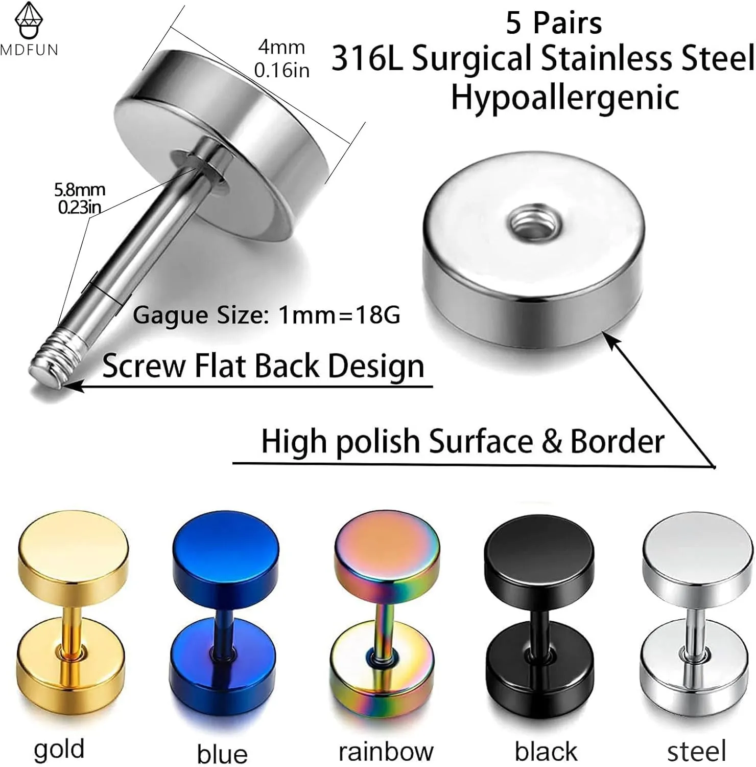 MDFUN 316L Stainless Steel Stud Earrings for Men Women Screw Flat Back Earrings Faux Gauges Ear Dot Stud Earrings 4-9 MM