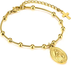 MEALGUET Rosary Bracelet for Women : Gold Plated Stainless Steel Religious Cross and Virgin Mary Prayer Bracelets First Communion Gifts