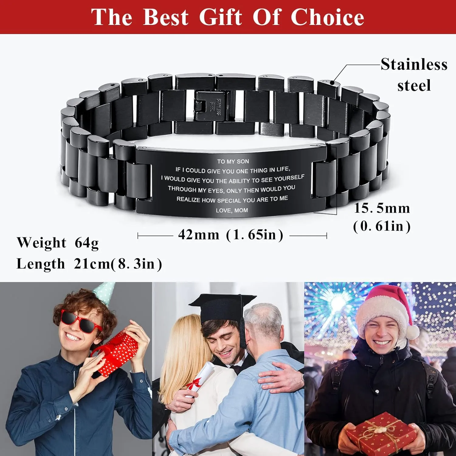 MEALGUET To My Son Bracelet Gifts from Mom, Stainless Steel Courage Inspirational Link Wristband Bracelets,Birthday Gifts,Graduation Gift from Mom Dad, Gift Idea to Son,Customizable