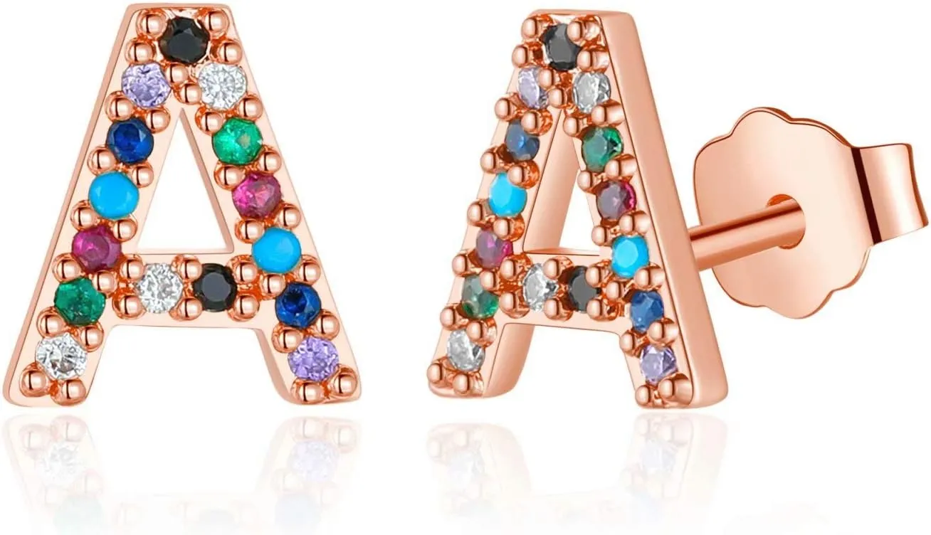 Memorjew Initial Stud Earrings for Women, Hypoallergenic 925 Sterling Silver Post Rainbow Cubic Zirconia Gold Plated 26 Initial Earrings for Women Jewelry Gifts