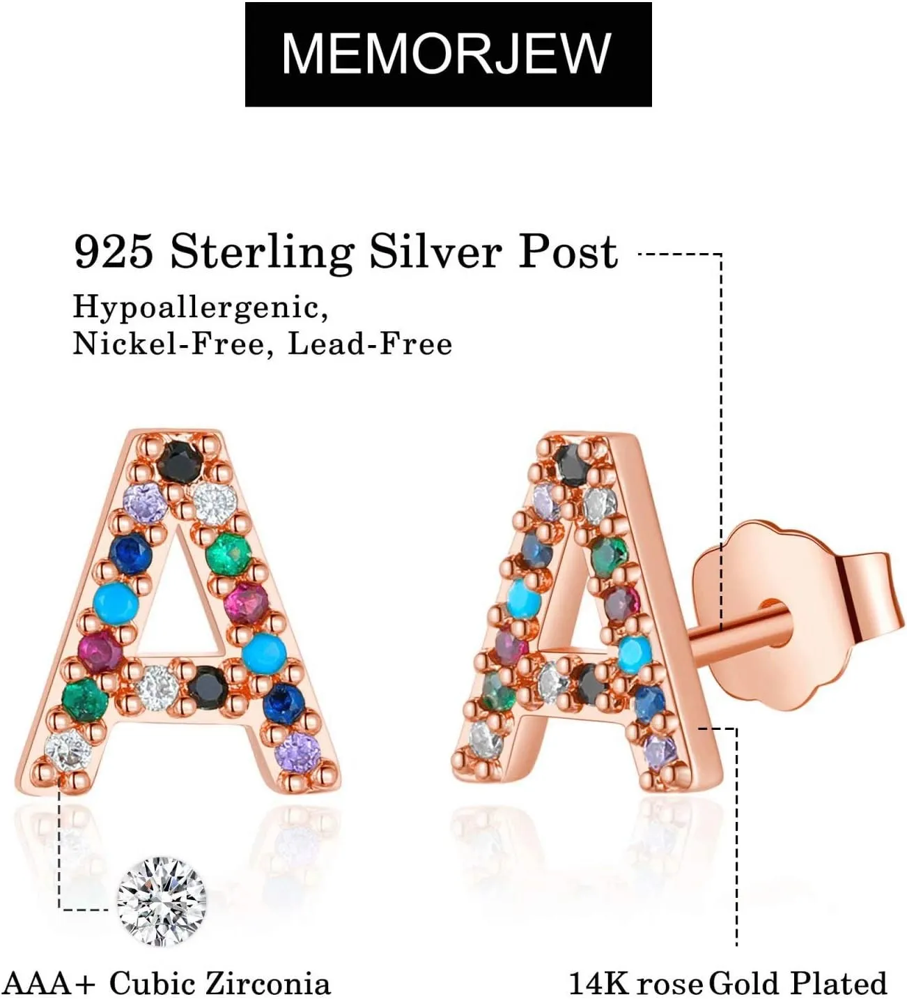Memorjew Initial Stud Earrings for Women, Hypoallergenic 925 Sterling Silver Post Rainbow Cubic Zirconia Gold Plated 26 Initial Earrings for Women Jewelry Gifts