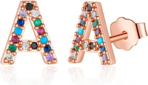 Memorjew Initial Stud Earrings for Women, Hypoallergenic 925 Sterling Silver Post Rainbow Cubic Zirconia Gold Plated 26 Initial Earrings for Women Jewelry Gifts