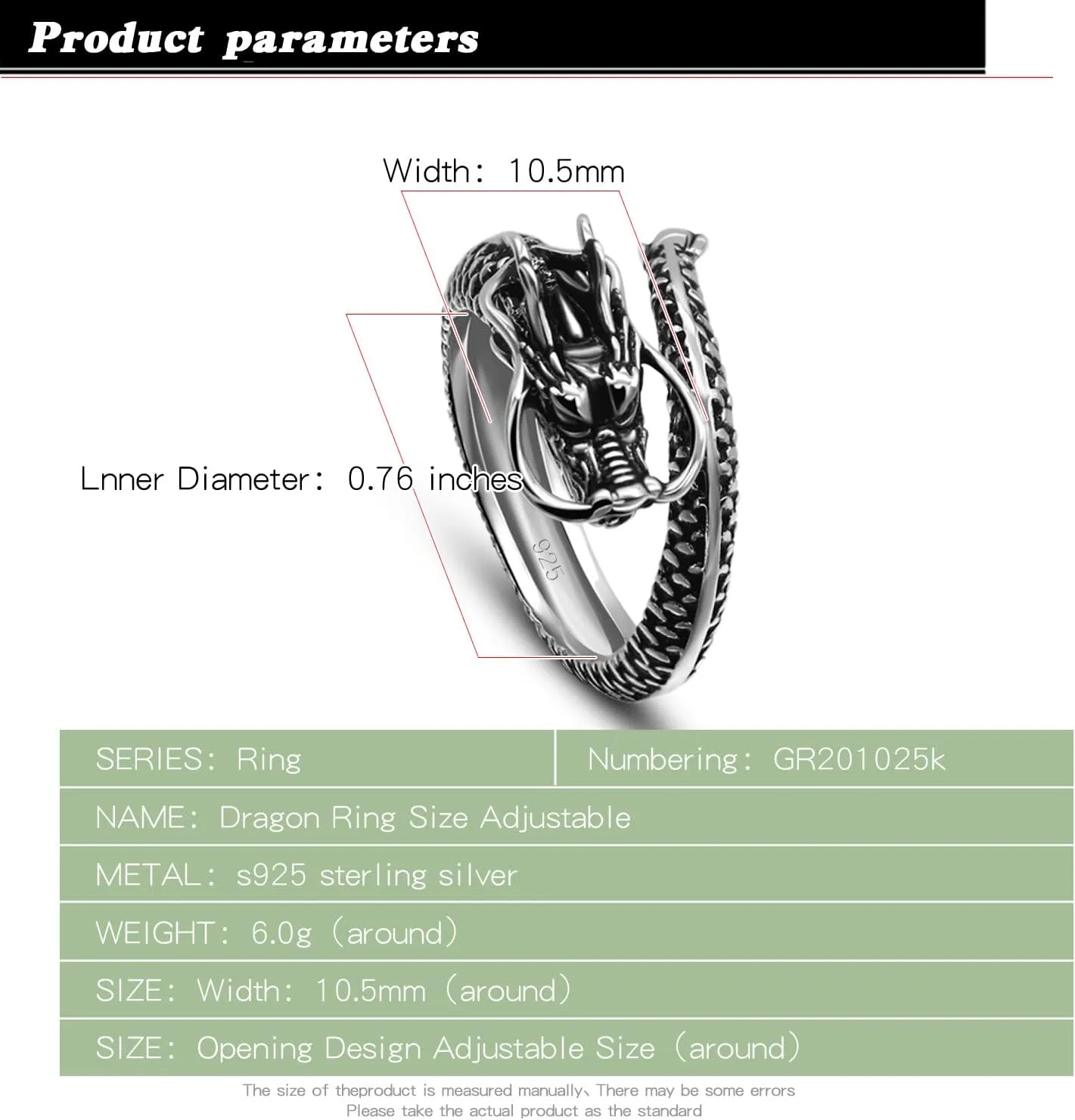 Men Vintage Dragon Ring 925 Sterling Silver Open Punk Rings For Women Adjustable Rings Solid Silver Gothic Hip Hop Jewelry Gift