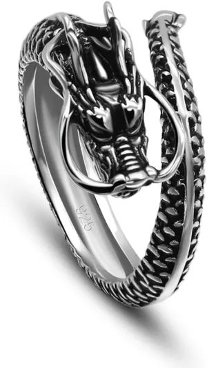Men Vintage Dragon Ring 925 Sterling Silver Open Punk Rings For Women Adjustable Rings Solid Silver Gothic Hip Hop Jewelry Gift