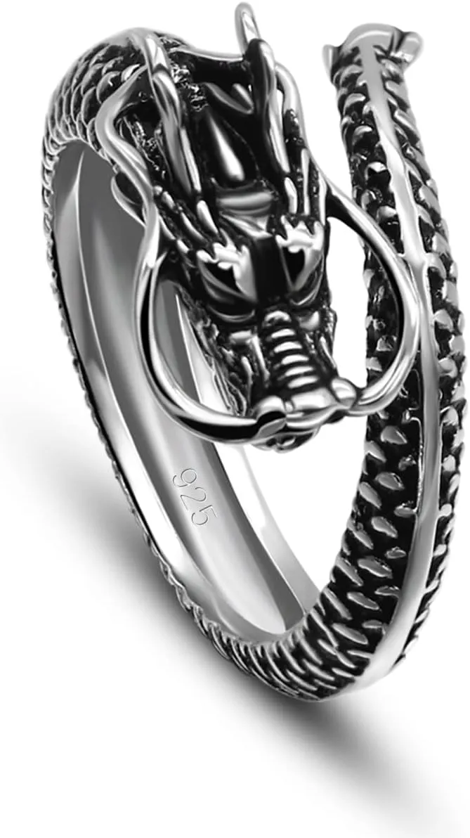Men Vintage Dragon Ring 925 Sterling Silver Open Punk Rings For Women Adjustable Rings Solid Silver Gothic Hip Hop Jewelry Gift