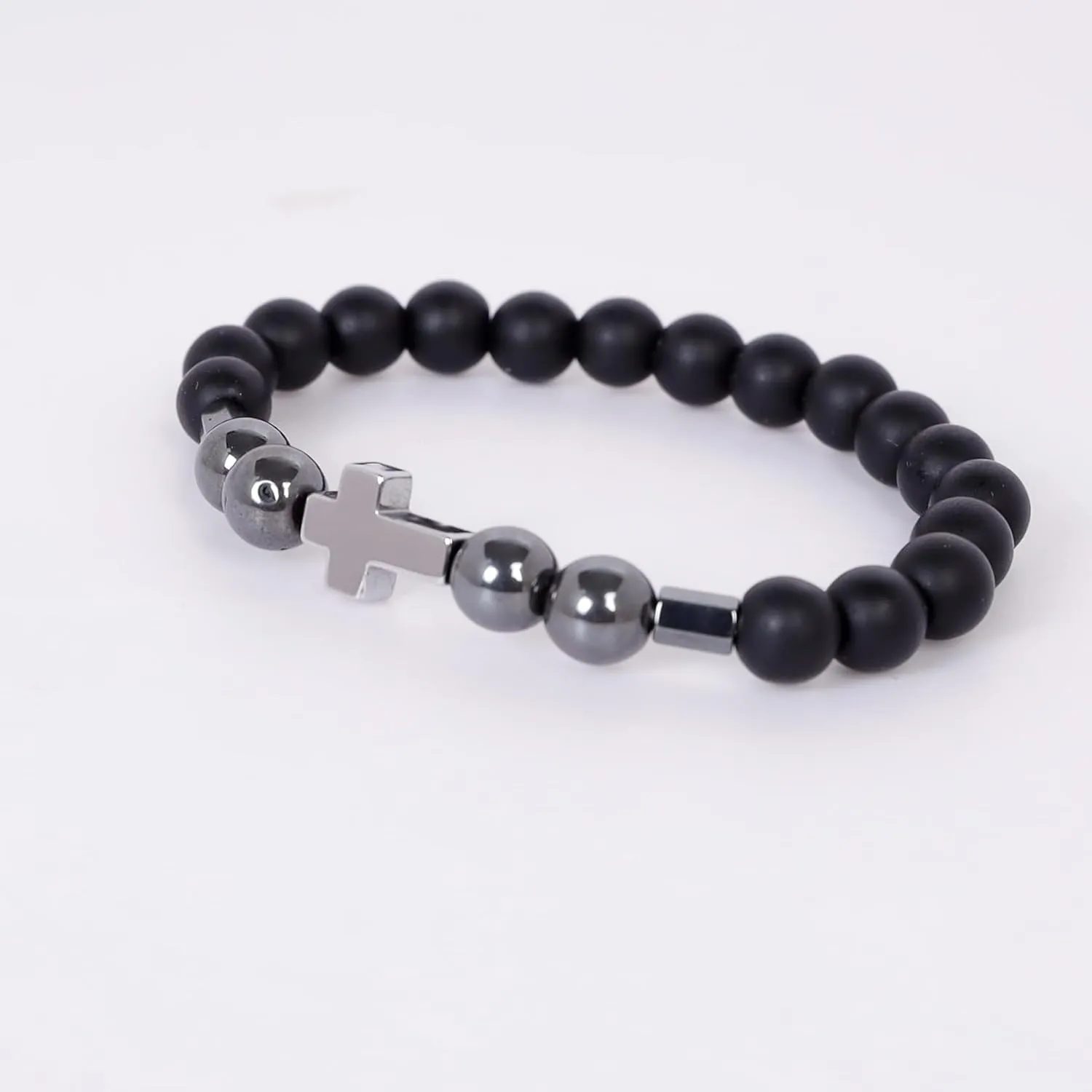 Men's Cross Beads Bracelet 8MM Black Hemitate Bracelet Men Religious Jewelry Healing Crystal Cross Bracelet