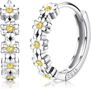 MILACOLATO 925 Sterling Silver Small Hoop Earrings for Women 14K Gold Plated Daisy Huggie Hoop Earrings Pave Rainbow Cubic Zirconia Cute Flower Hoop Earrings Hypoallergenic Earrings