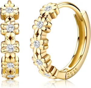 MILACOLATO 925 Sterling Silver Small Hoop Earrings for Women 14K Gold Plated Daisy Huggie Hoop Earrings Pave Rainbow Cubic Zirconia Cute Flower Hoop Earrings Hypoallergenic Earrings