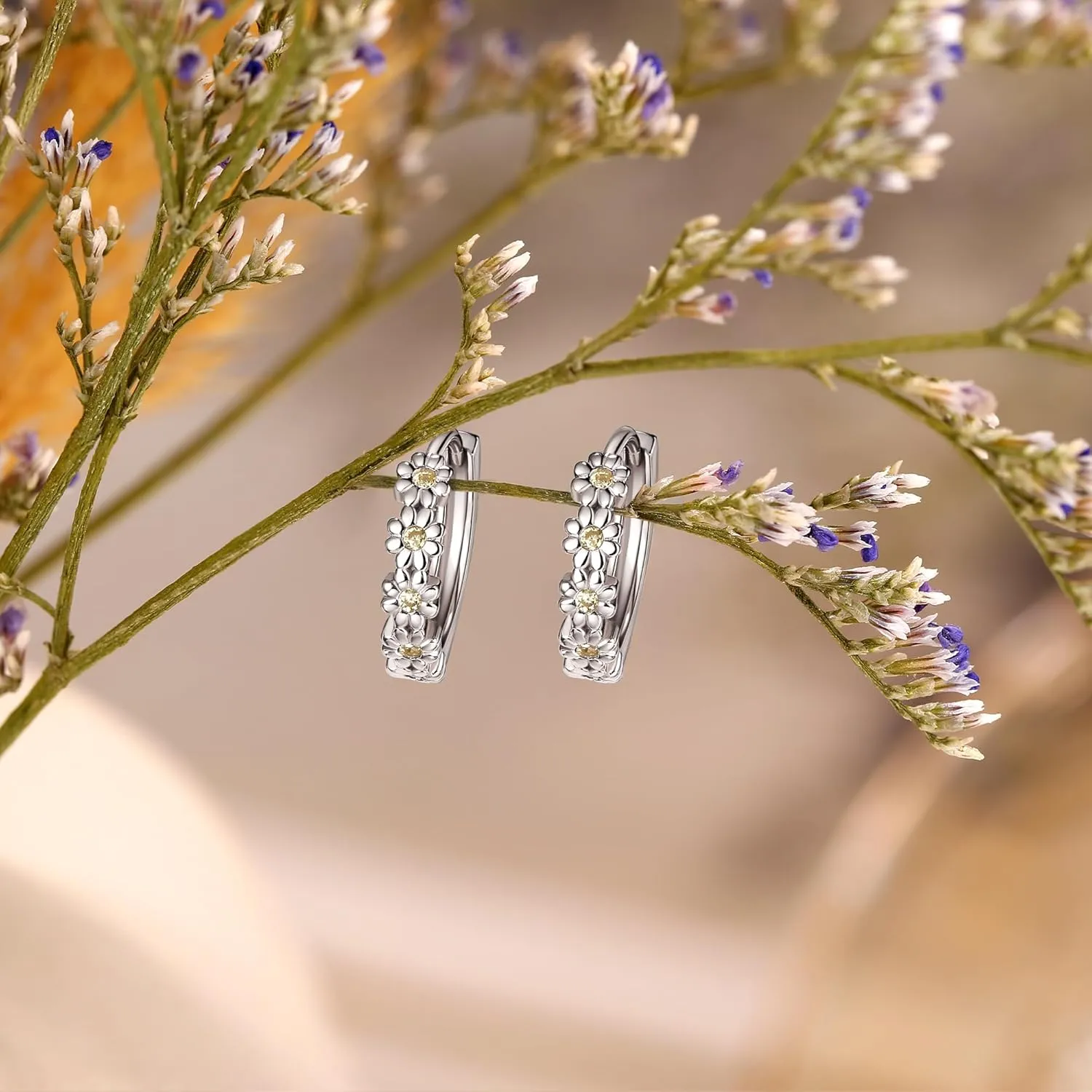 MILACOLATO 925 Sterling Silver Small Hoop Earrings for Women 14K Gold Plated Daisy Huggie Hoop Earrings Pave Rainbow Cubic Zirconia Cute Flower Hoop Earrings Hypoallergenic Earrings