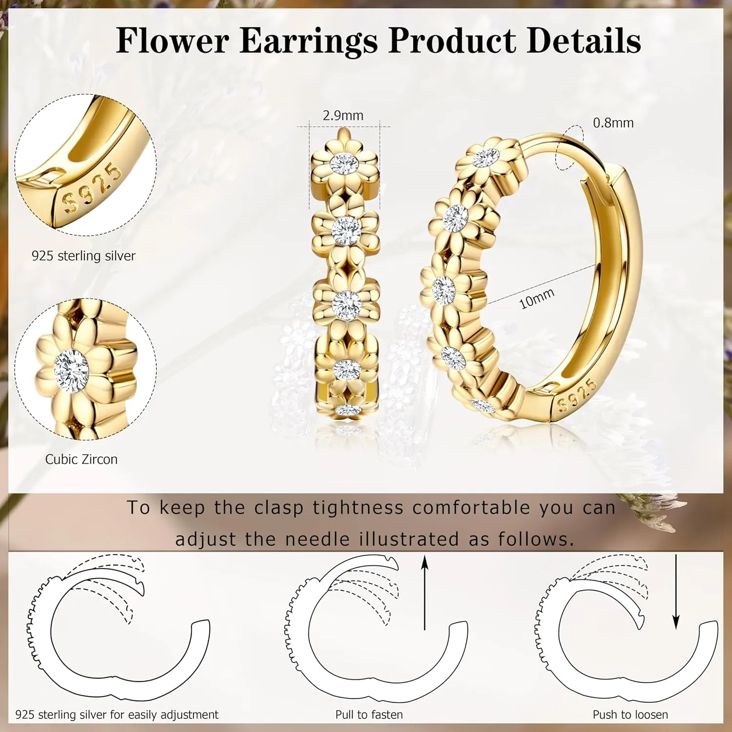 MILACOLATO 925 Sterling Silver Small Hoop Earrings for Women 14K Gold Plated Daisy Huggie Hoop Earrings Pave Rainbow Cubic Zirconia Cute Flower Hoop Earrings Hypoallergenic Earrings